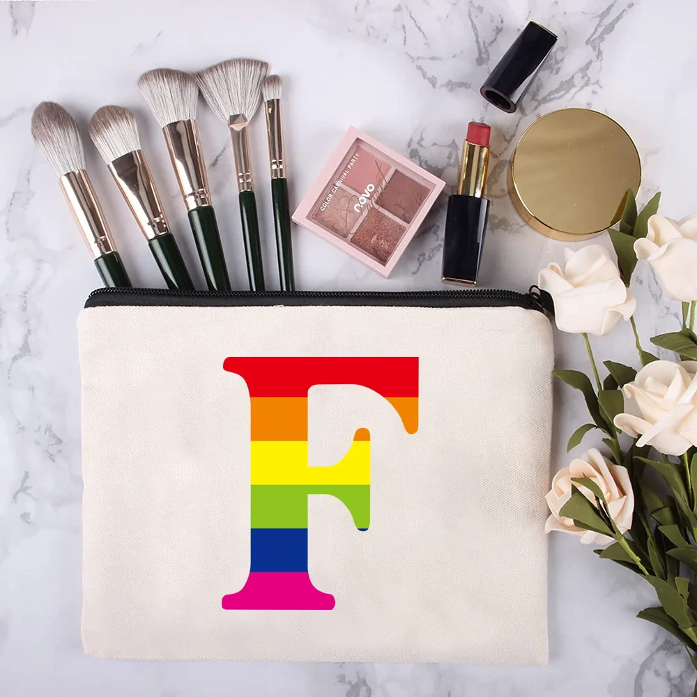 Travel Cosmetic Bag Women Toiletries Organizer Female Storage Make Up Wedding Bachelorette Party Bag Rainbow Initials Pattern