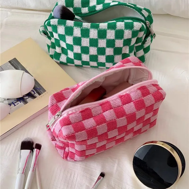 Women Cute Pencil Case Storage Bag Cosmetic Bag Large Capacity Knitting INS Korean Makeup Case Sanitary Napkin Holder Pouch