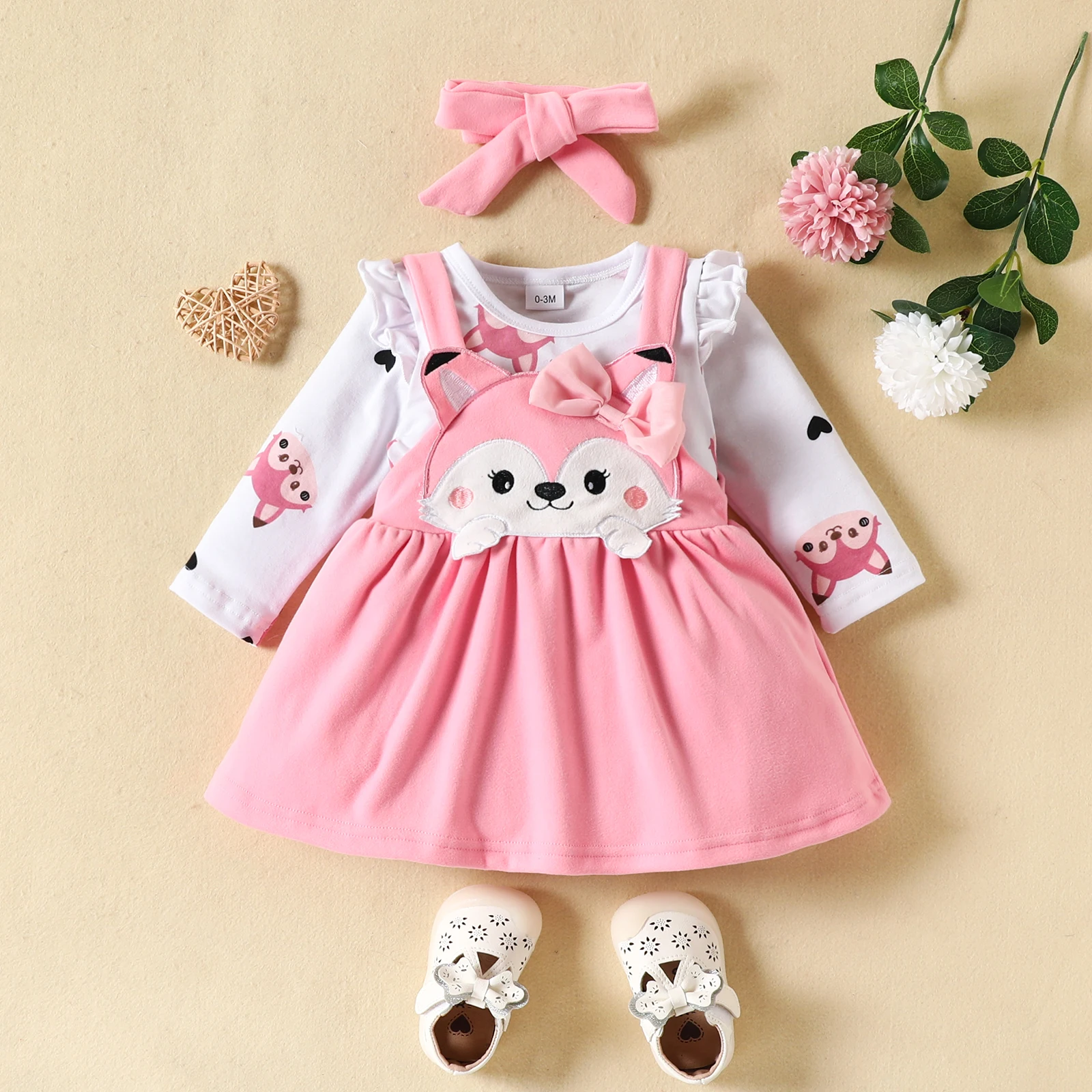 BeQeuewll Baby Girls Autumn New Style 3 Piece Outfits Long Sleeve Ruffle Romper and Cute Fox Print Suspender Skirt Headband Sets