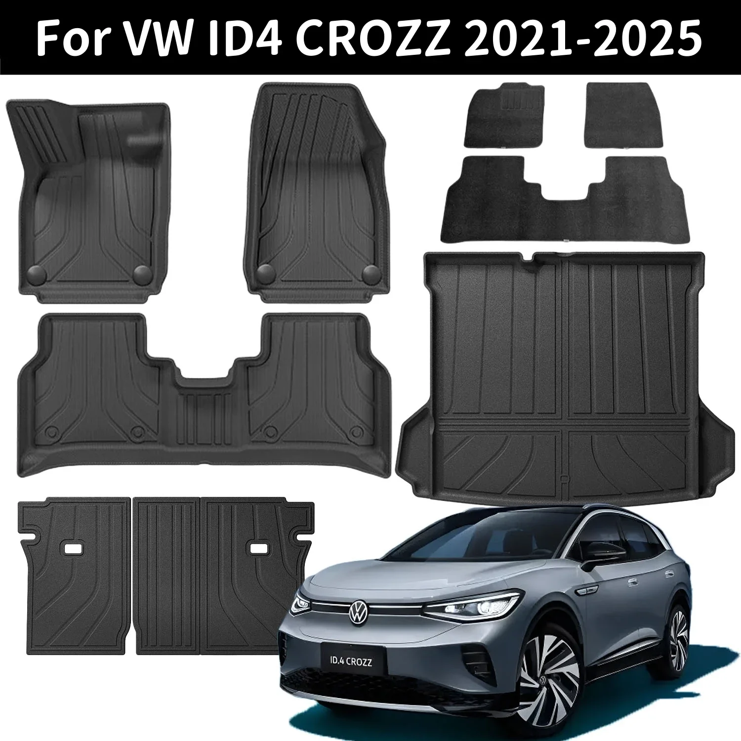 

For Volkswagen VW ID.4 CROZZ 2021-2025 LHD TPE Floor Mats and Trunk Mats, All Weather Waterproof Cargo Liners and Backrest Mats