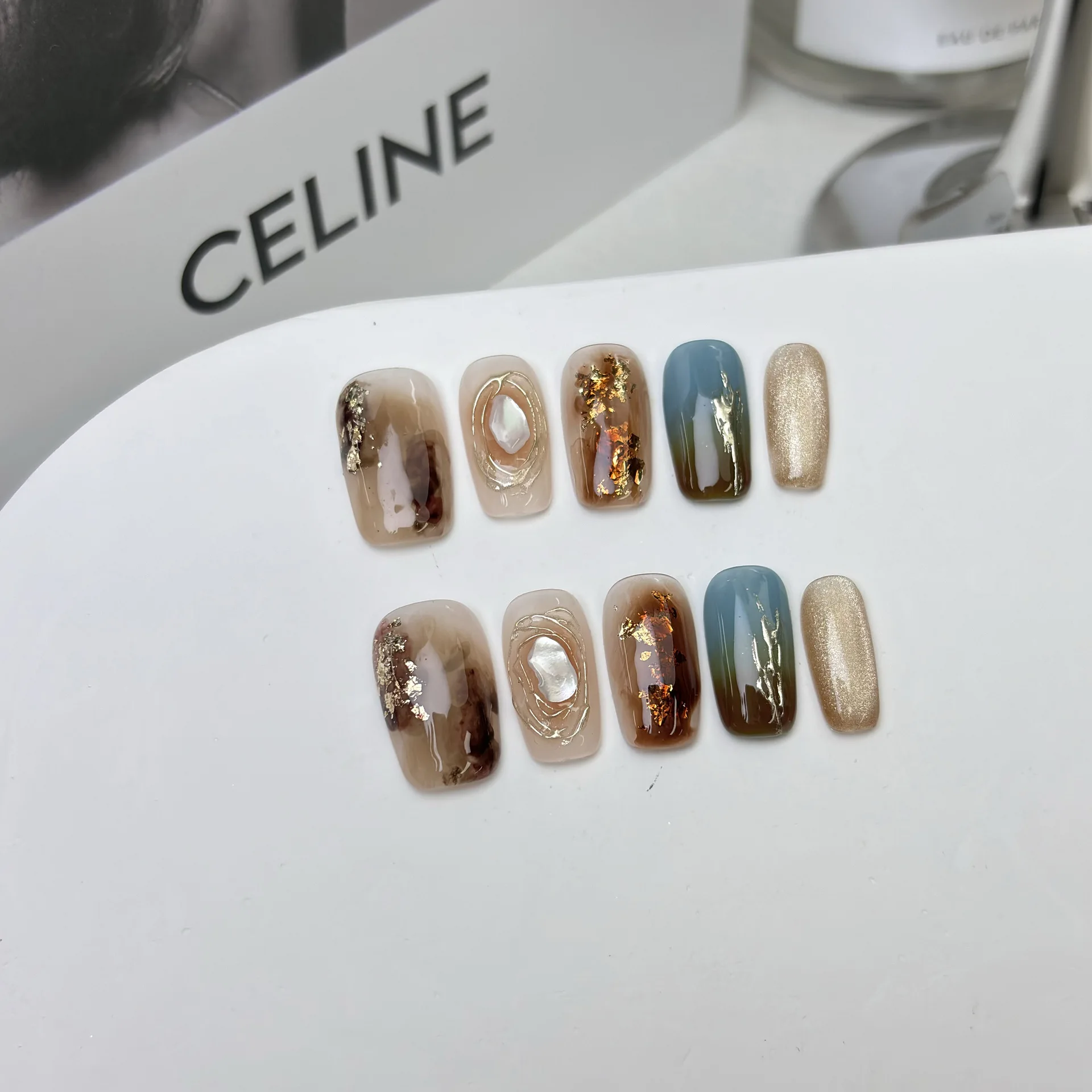 

10Pcs Autumn Square Handmade Press on Nails Brown Wearable New Gentle White Caramel Amber Style Uñas Накладные Ногти 네일팁