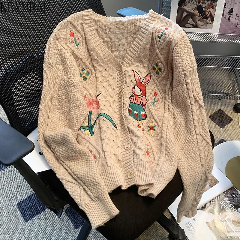 Cartoon Flower Embroidery Cardigan Women Korean Fashion Vintage V Neck Knitted Sweater Coat Lady Knitwear Top Autumn Winter 2024