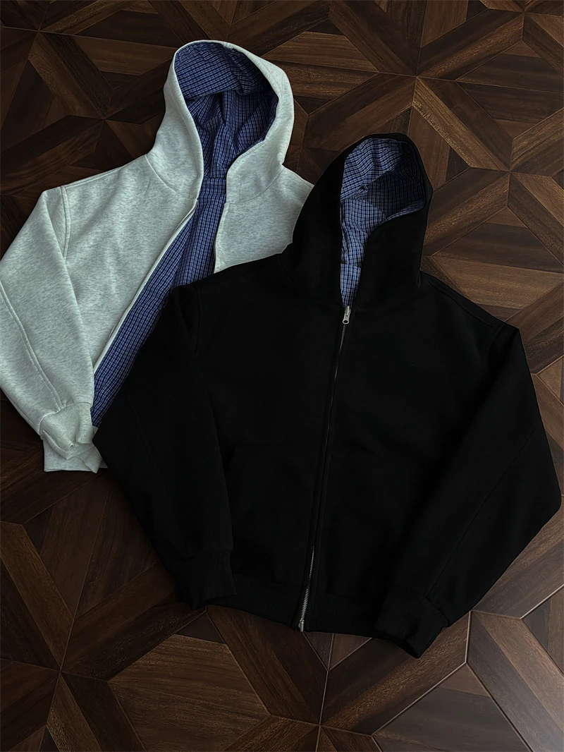 Double-Sided Wear Royal Blue Plaid Zipper Sweatshirt Short Wide Versatile Open Cardigan Jacket CleanFit Casual Style Hoodie