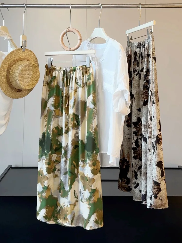 Soft Green Brown Abstract Print Midi Skirt Elastic High Waist Silky Flowy Straight Long Skirt Women Beach Vacation Casual Bottom