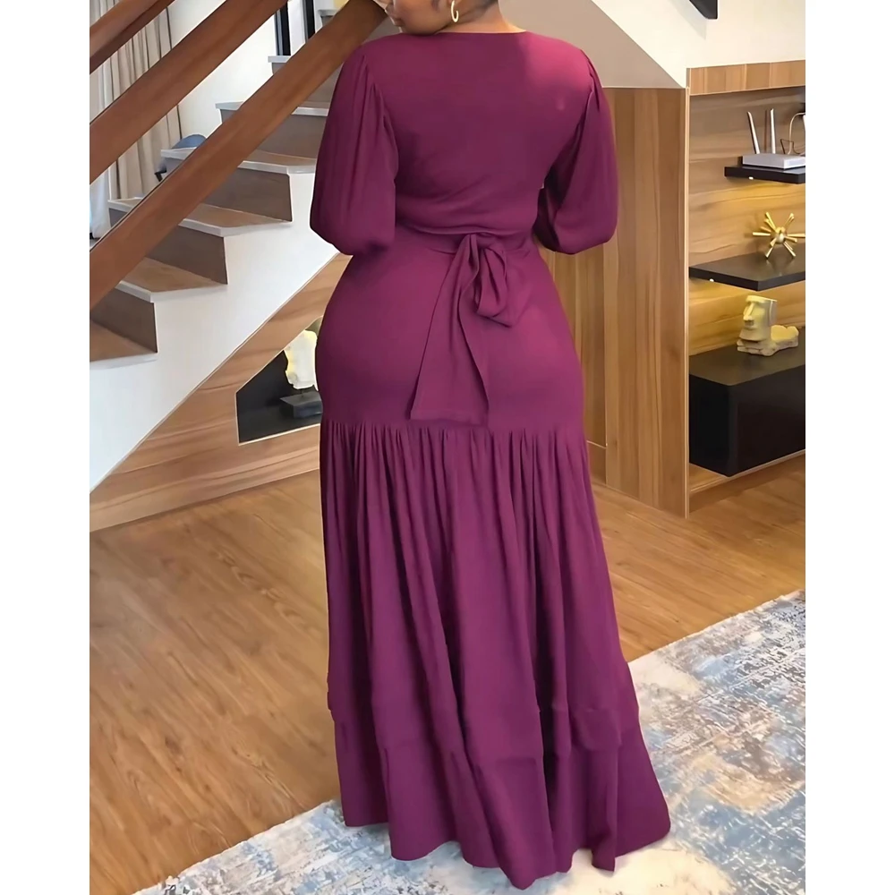 Fashion Autumn Casual Women Lace-up V-Neck Three Quarter Top & Ruched Maxi Skirt Set Solid Two Pieces Dress Set Elegant Clothing