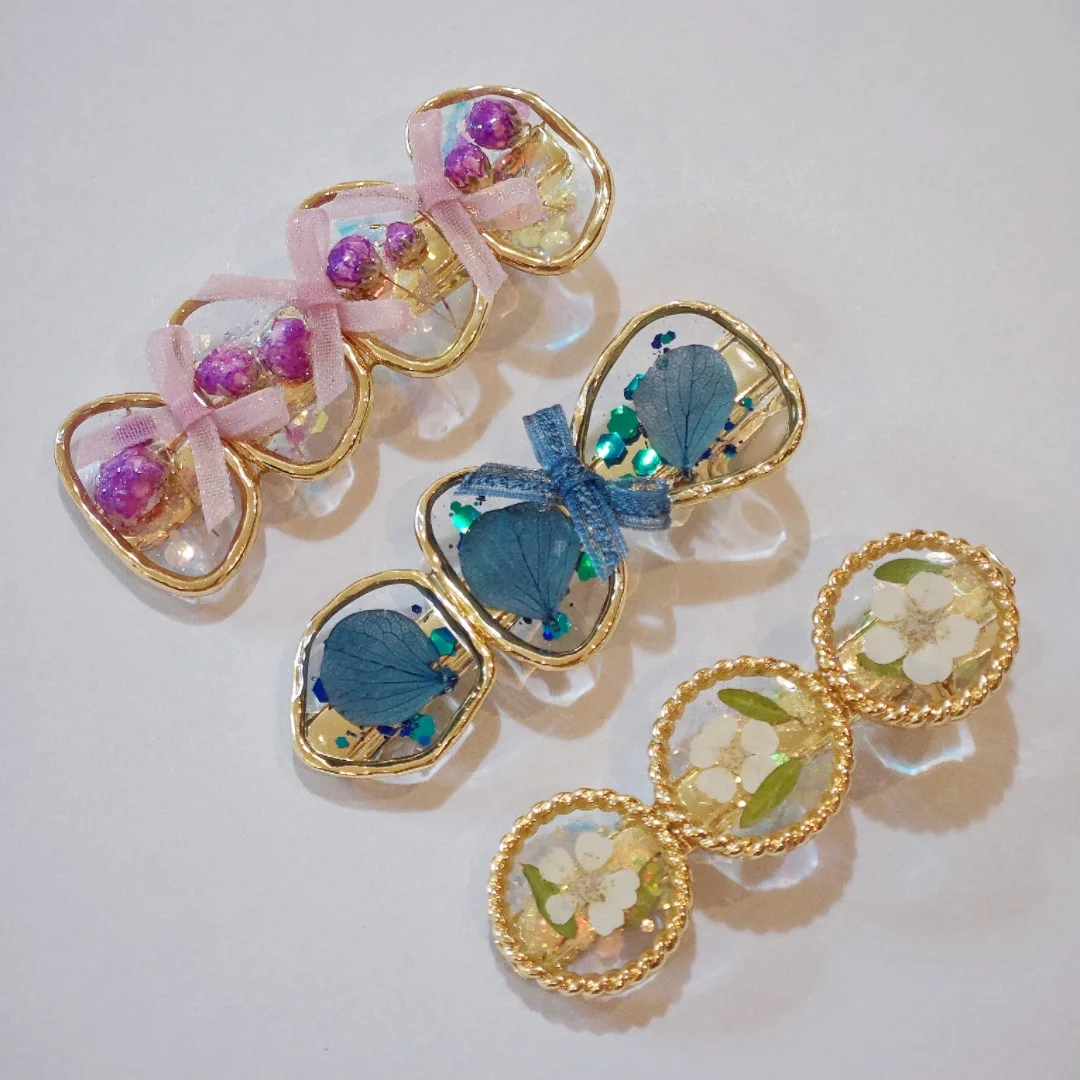 3200 Wholesale Trendy Summer Transparent Crystal Plant Dried Flower Resin Hair Clips Duckbill Clips Girl Mori Style Fairy Clips