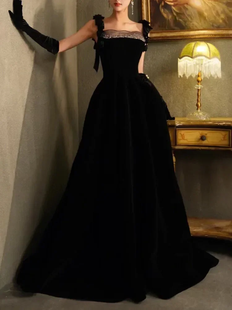 Customized Black Hepburn Style Sling Evening Dress Texture Banquet Female Prom Robe Temperament Luxury Wedding Party Dresses