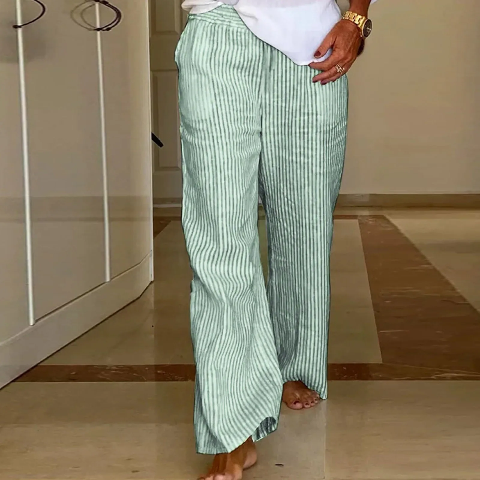 

2024 Spring /Summer New Women's Trousers Comfort Striped High Waist Straight Pants Casual Loose Wide Leg With Pocket Leisure