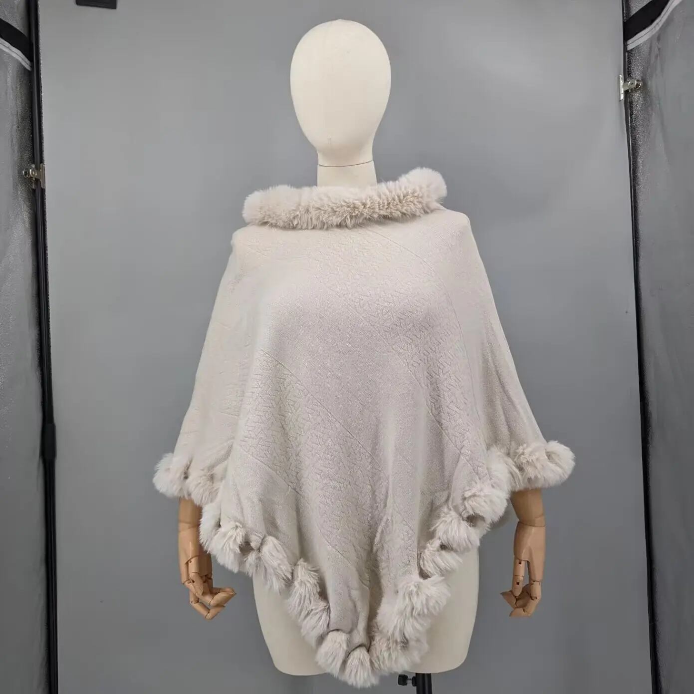Women Cream White Knit Triangle Poncho Faux Fur Pom Pom Fringe Trim Pullover Cape Casual Light Layering Shawl Outerwear 23A0624