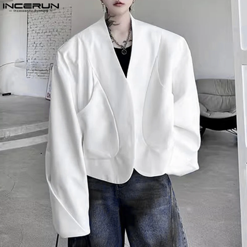 Handsome New Men Tops INCERUN Curved Sleeve Collarless Cropped Shirts Casual Simple All-match Loose Long Sleeved Cardigan Blouse