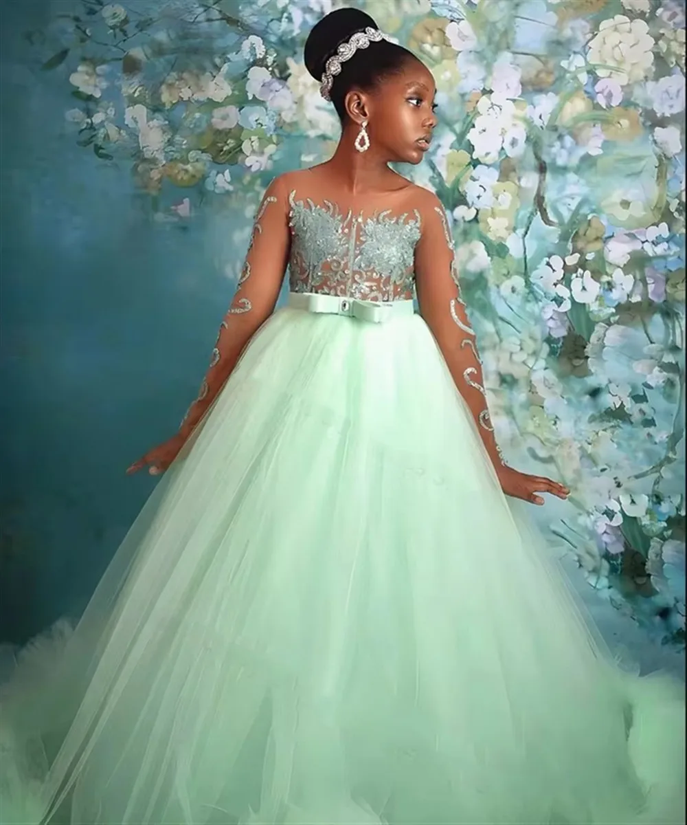 

New First Communion Dresses Long sleeves Lace Printed Princess Dress White Angel Flower Girl Bridesmaid Wedding Dream Kids Gift