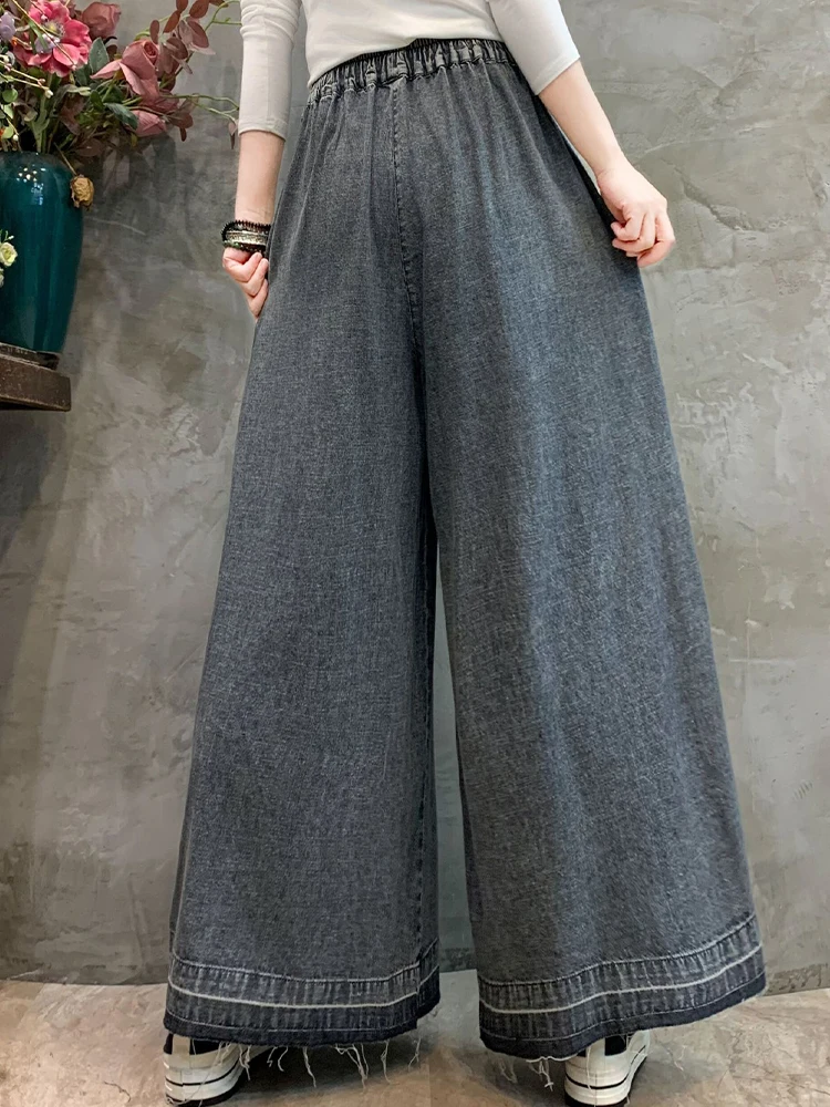 Amax LuluE Fashion 2024 Loose Printed Vintage Denim Pants Women Spring Patchwork Jeans Ladies Classic Casual Wide Leg Trousers