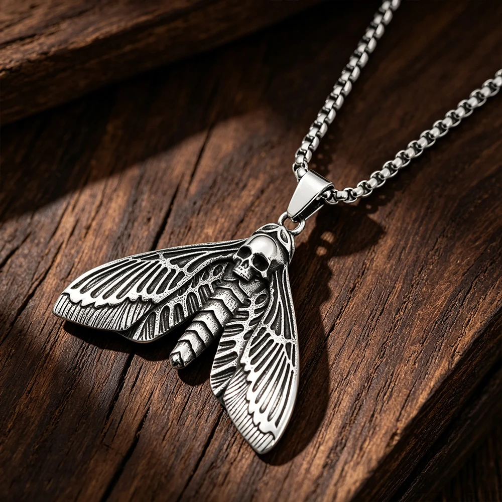 Stainless Steel Death Moth Skull Pendant Necklace Men Women Vintage Gothic Halloween Guardian Amulet Jewelry Gift Dropshipping