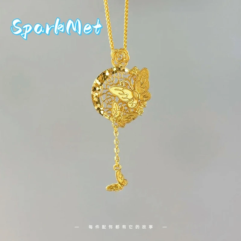 

Sparkmet New Chinese Niche Design 9999 24K Real Gold Light Luxury Young Metalwork Broken Ice Butterfly Flower Wooden Horse Hollo