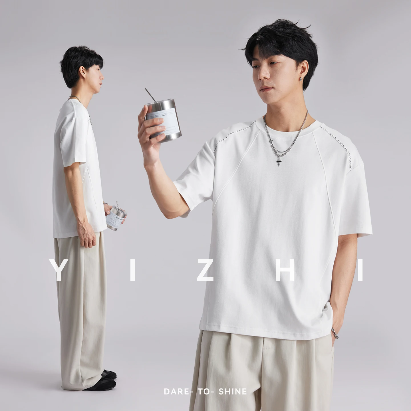 Summer Men's Solid Color Tee Korean Style Exposed Shoulder Stitching Loose Breathable Versatile Comfortable Short Sleeve Tops