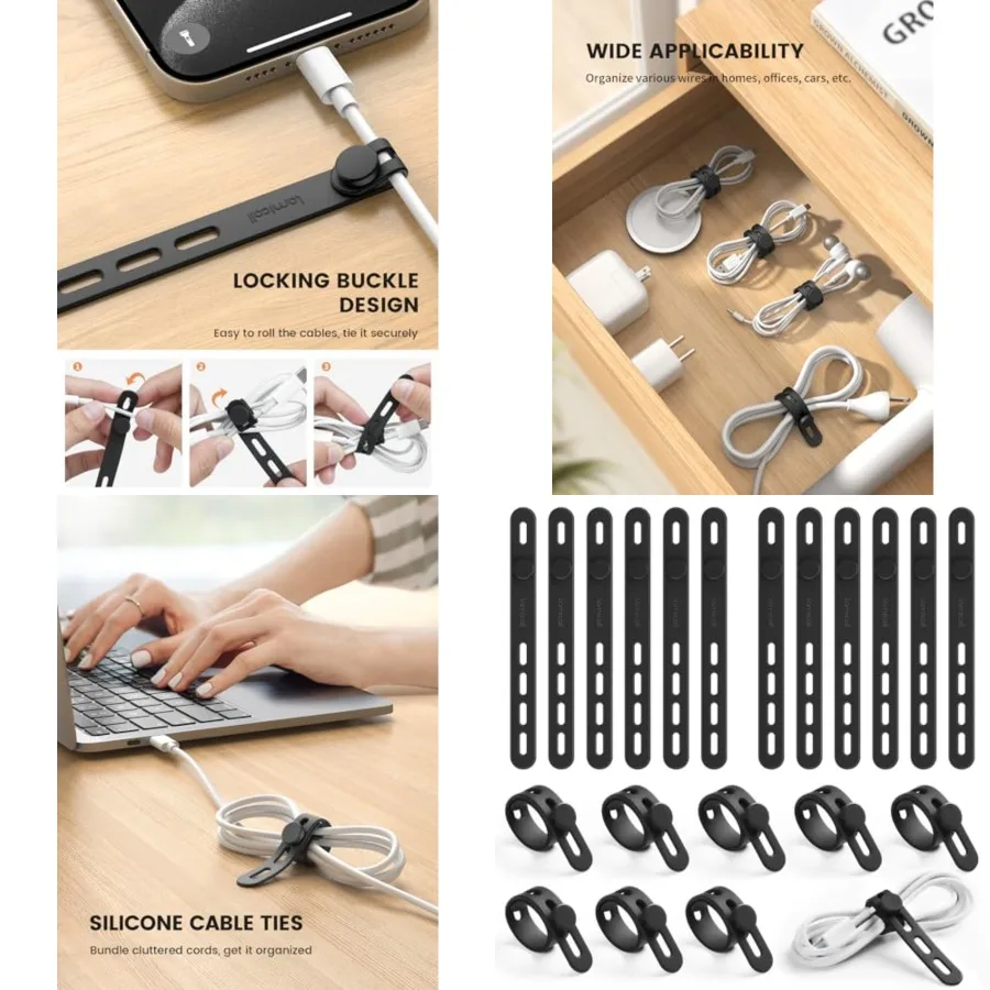 

Silicone Cable Ties, Office Desk Organizer Accessories, Reusable Wire Ties Management with Lock Buckle, Adjustable Charger Cabl
