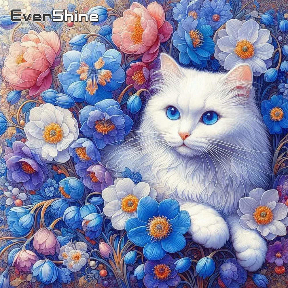 Evershine Diamant-Mosaik Tierbild Strass-Stickerei Katze Kreuzstich Vollquadrat-Gemälde Gänseblümchen 5D Wanddekoration