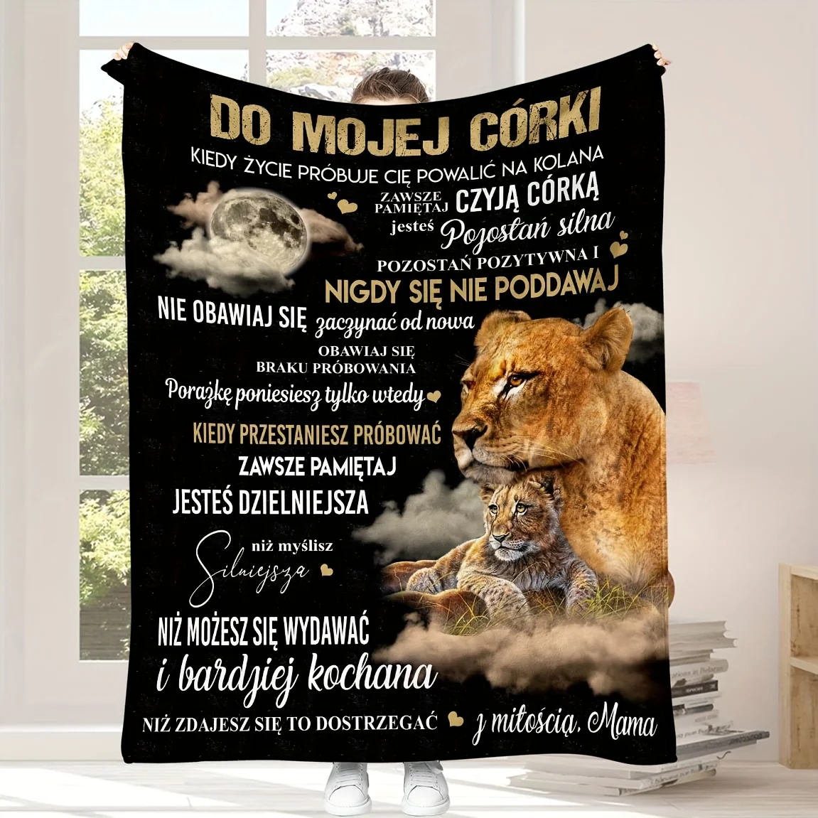 1pc Polish Mother's Blessing Encouragement Message to Her Daughter Printed Blanket with Lion Elements, Perfect Gift for Family a