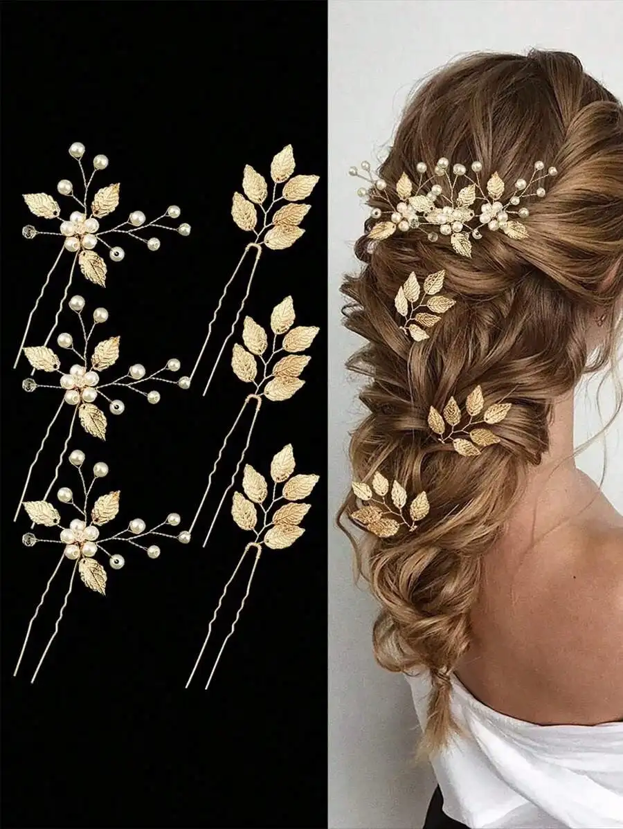 

6pcs/Set Ladies' Gold-Tone Alloy Leaf & Flower Hair Pin Set, Perfect For Bride, Wedding, Party Elegant