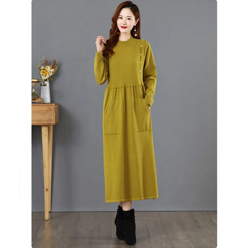 Women's Vintage Half High Collar Pullover Dress, Knitted Sweater Dresses, Oversize, Monochromatic, Pockets, Autumn,Winter,Female