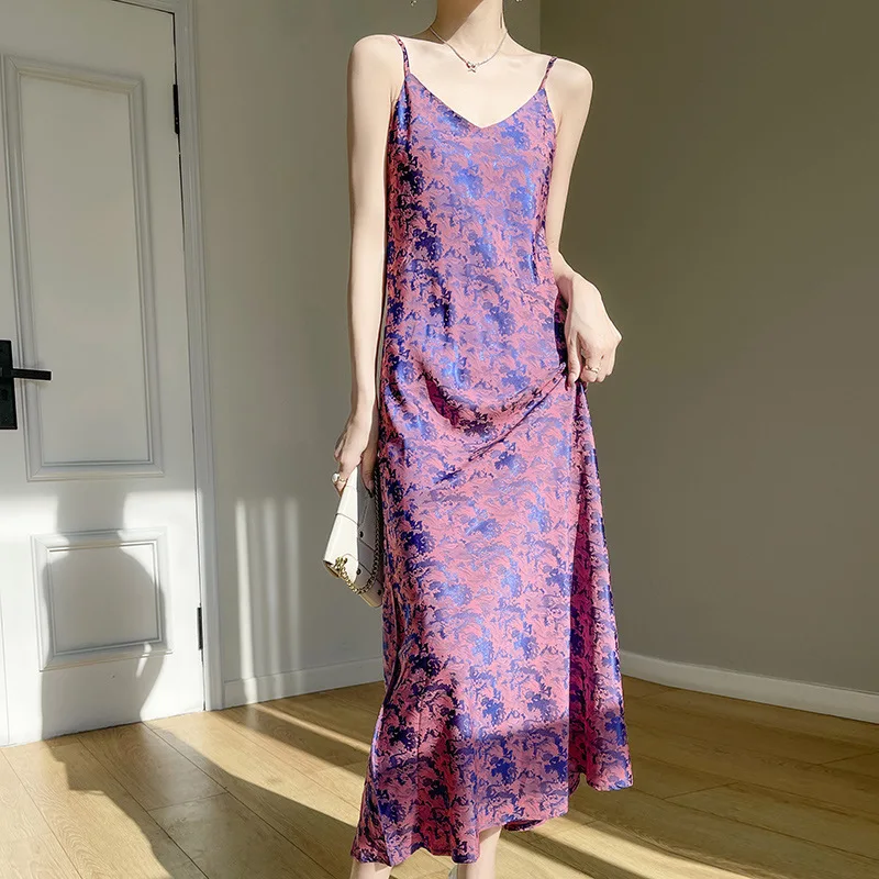 Spring and Summer New Satin Jacquard Spaghetti Straps Dress Women's Casual Solid Color Simple Midi