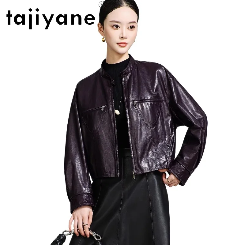 เสื้อแจ็คเก็ตหนังแกะแท้ 100% ยี่ห้อ TAJIYANE สำหรับผู้หญิง สีม่วงเก๋ไก๋ ทรงสั้น แจ็คเก็ตหนังแท้ คอลเลคชั่นฤดูใบไม้ร่วง 2025 เสื้อผ้าผู้หญิง