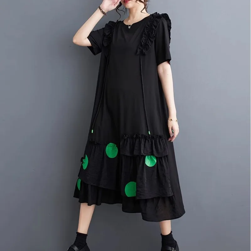 #3816 Black Long T Shirt Dress Short Sleeves Loose Spliced Ruffles Polka Dot Printed Irregular Tshirt Dress Ladies Loose O-Neck