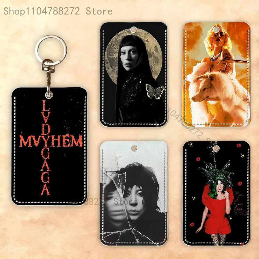L-Lady G-Gaga Rectangle Card Case Keychain Access Card Bag Key Tag Ring Leather Card Holder Key Ring Access