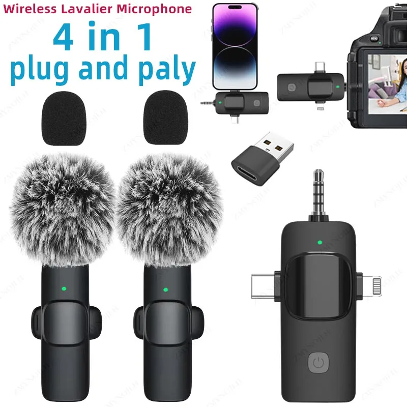 Micrófono Lavalier inalámbrico 4 en 1, micrófono inteligente reductor de ruido de 3,5mm para Iphone, Android, cámara SLR, altavoz, radio