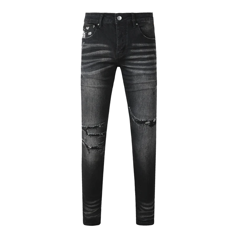 New American Men's Jeans with Washed, Nostalgic, Perforated Patchwork, Aged, Elastic, Tight, Cone shaped Jeans Y2K