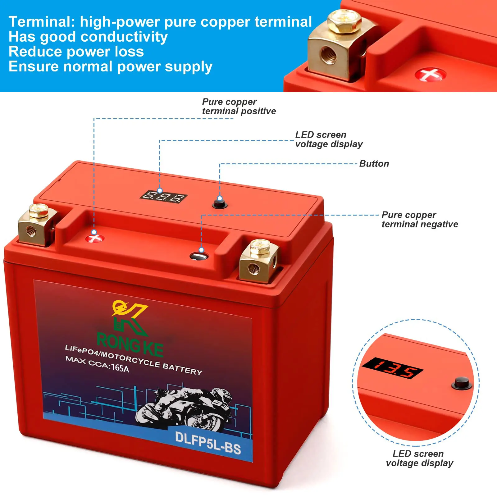 165CCA LiFePO4 Lithium Motorcycle Battery 12V LEP5L-BS Lithium Powersport Battery