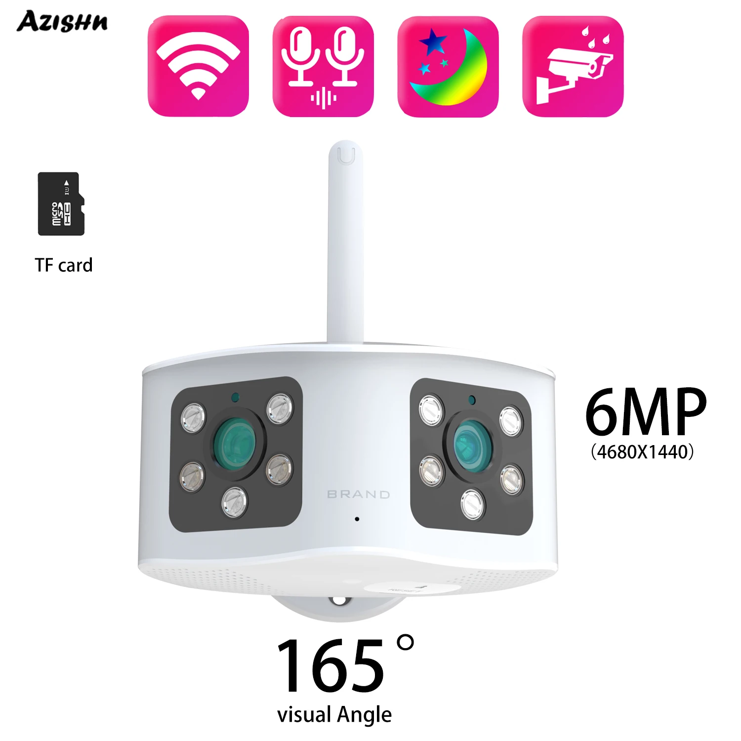 AZISHN Indoor and outdoor 164 degree 6MP high-definition color night vision dual audio dual lens IP camera