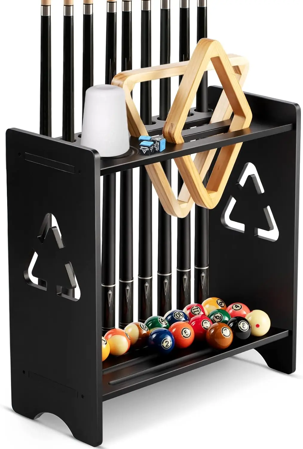 

Solid Wood Pool Cue Rack Holds 9 Cues with Chalk Holder for Game Room or Man Cave