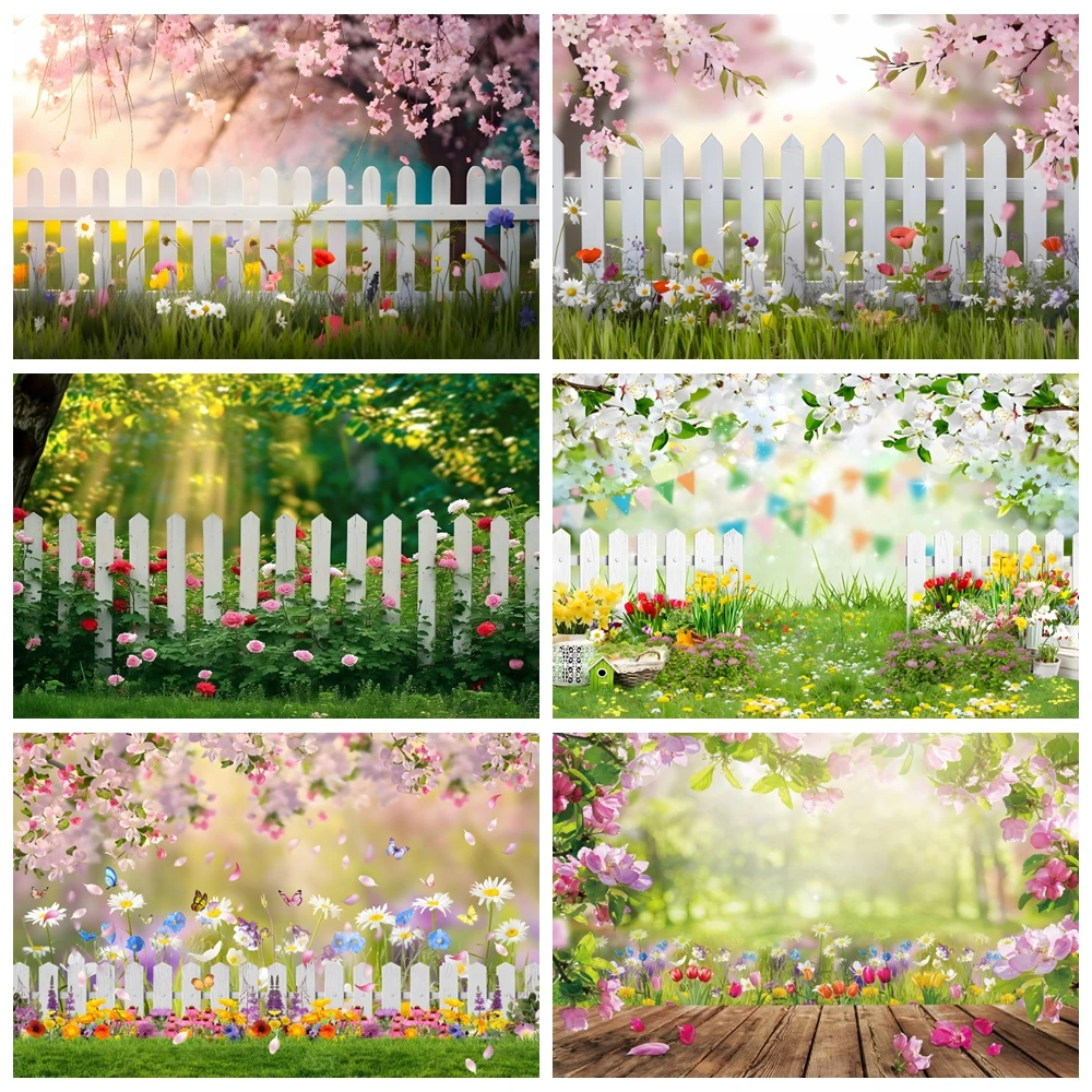 

Spring Natural Scene Photography Backdrop Garden Flower Green Grass Floral Fence Kids Portrait Easter Background Photo Studio