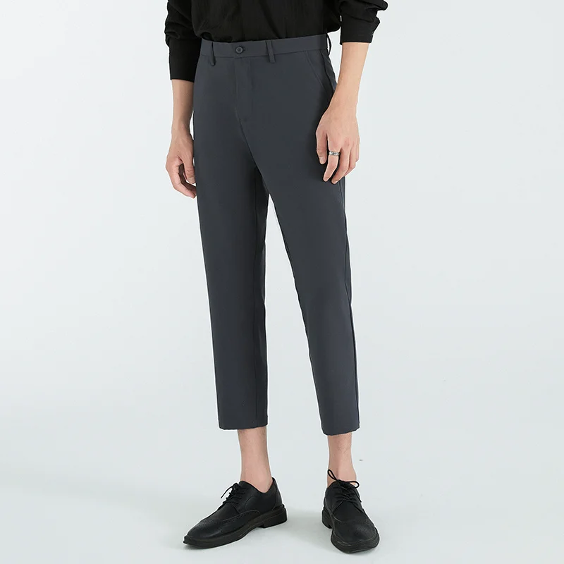High End Fashion Korean Casual Straight Cropped Pants Men\'s Solid Patchwork Button Zipper Pocket Trendy Loose Simple Trousers