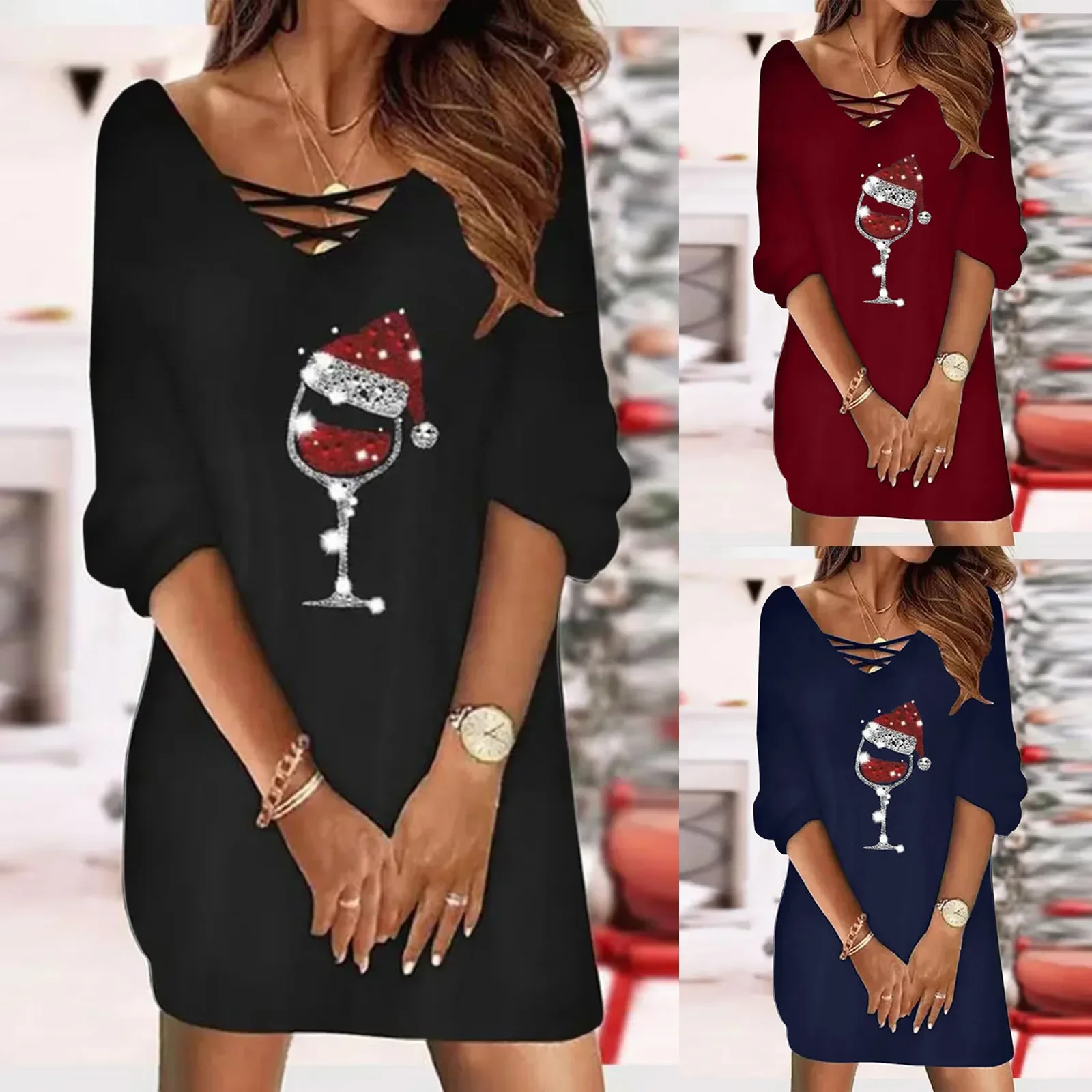 Christmas Women's Dresses 2023 Fashion Wine Glass Print Casual V-Neck Half Sleeve Xmas New Year Party Mini Straight Dress