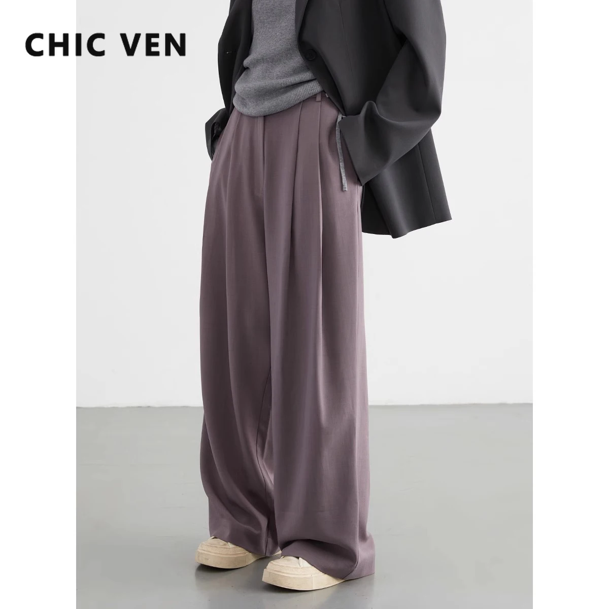 CHIC VEN Women Pants Loose Casual Elastic Waist Pleated Draped Straight Female Trousers Wide Legs Spring Autumn 2024