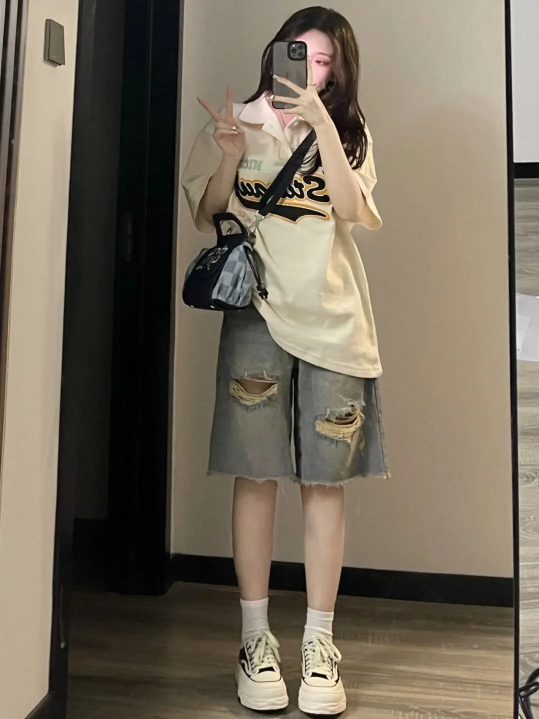 Trendy High Waist Denim Shorts Women's Spring Summer New Style Five-Point Hole Design Student Straight Leg Jeans Shorts
