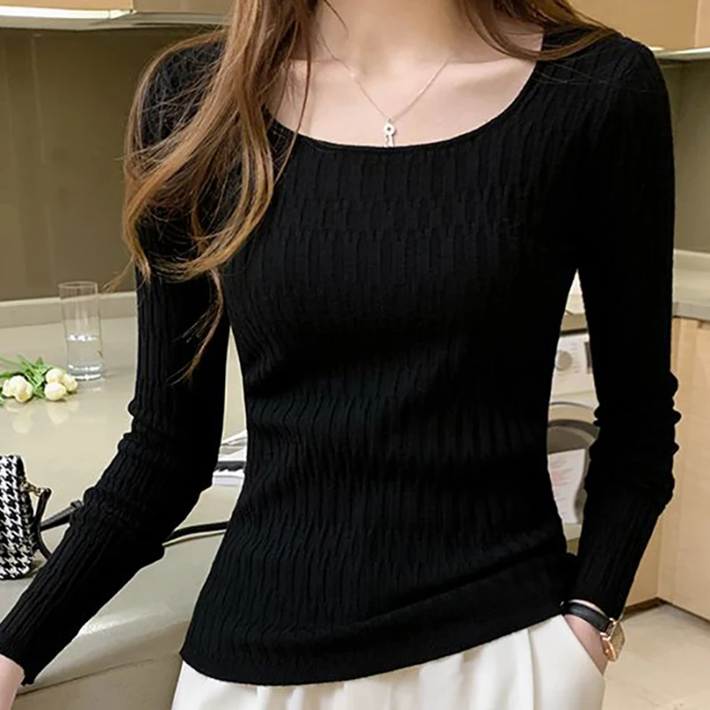 HELIAR Women Square Collar Solid Bottoming Sweater Long Sleeve Slim Knit Pullovers Casual Office Sweater Women 2024 Fall Winter