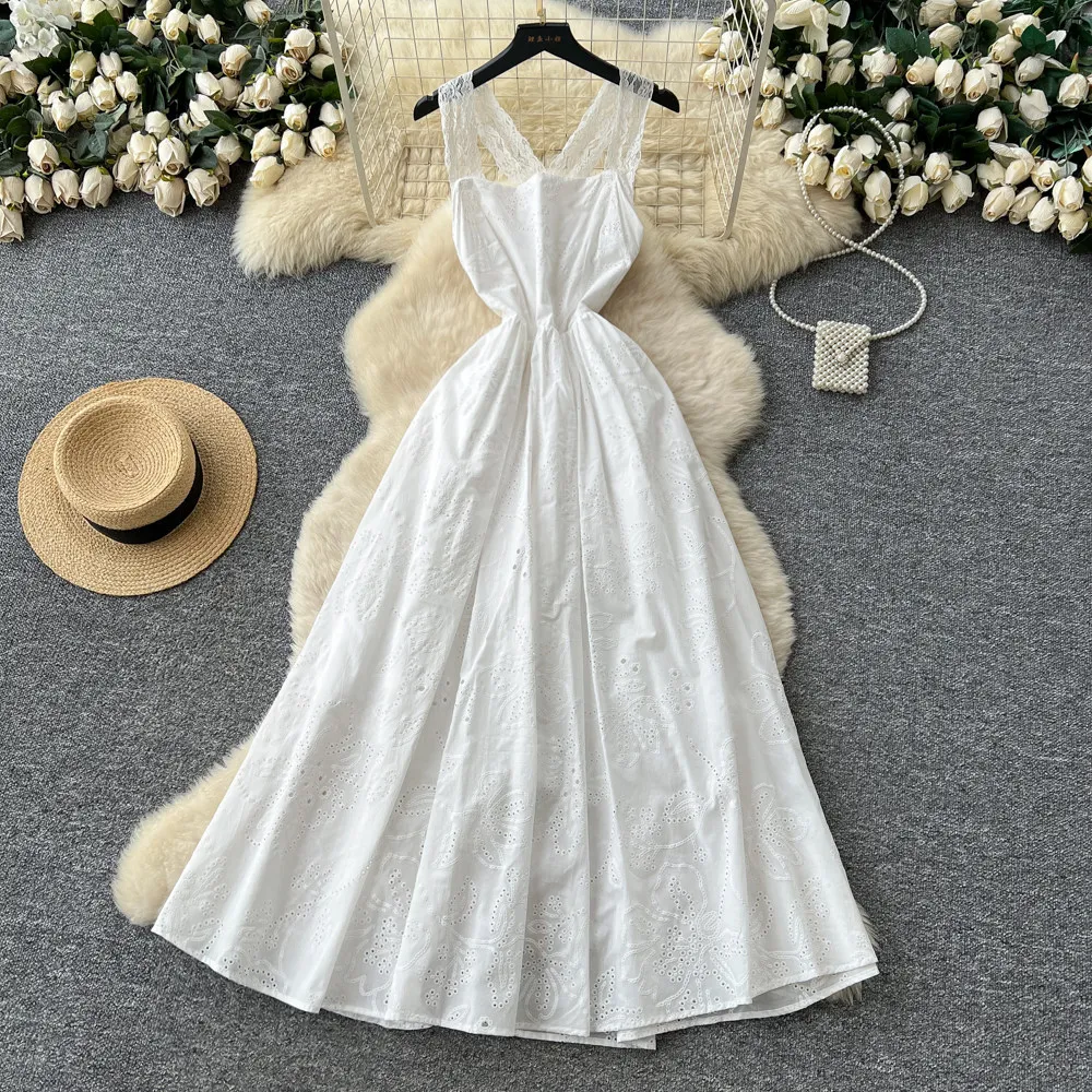 

Women Dresses Long Dress Lace Sexy A Line Vestidos V Neck Sleeveless Elegant Splice Party Night Work Y2k Streetwear Tight Waist