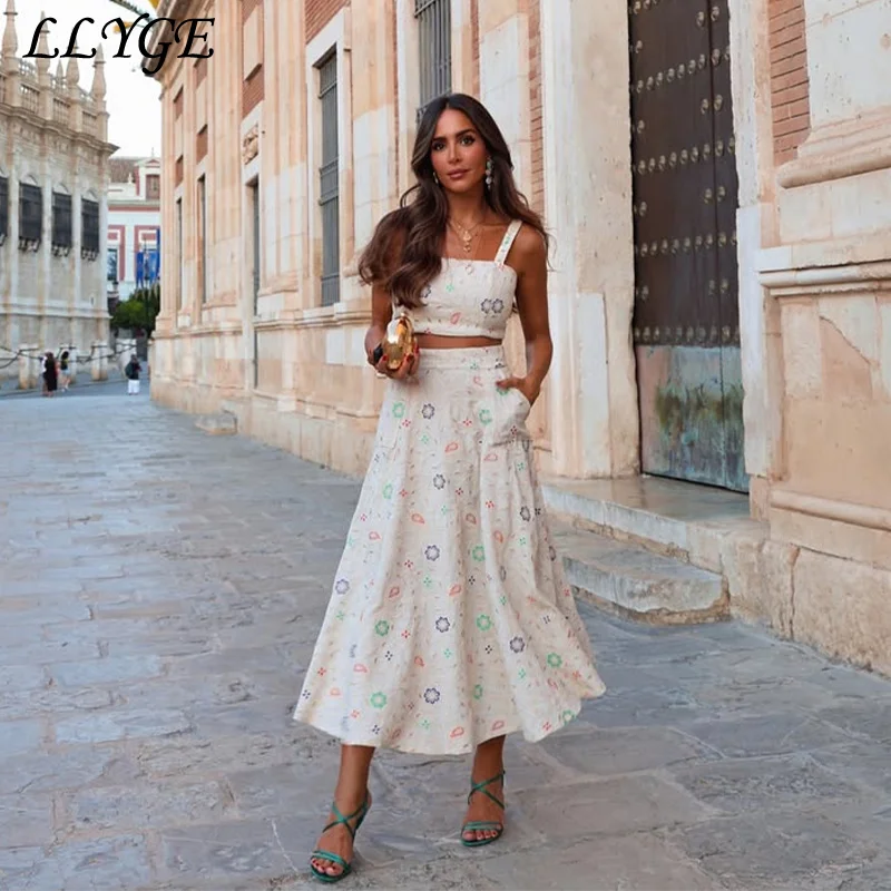 Elegante Crop Westen Stickerei Blumen Rock Set Frauen Kurze Schlinge Tops Lange Tasche A-linie Röcke 2025, Sommer Dame Strand Outfits
