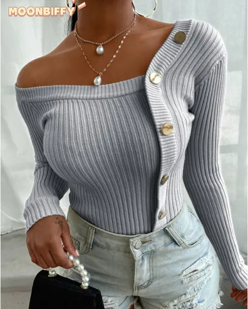 Women\'s Casual Button Strapless Knit Pullover Solid Color 6 Colors Fashion Oversized Sweater Long-Sleeved Knitted Stitching Tops