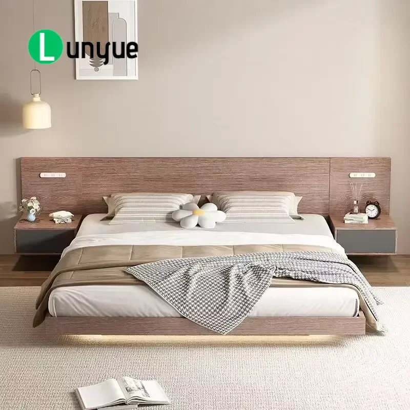 Modern Wooden Queen Double Bed Japanese Tatami Rotating Platform with LED Light Hot Selling Bedroom Furniture Set for Home