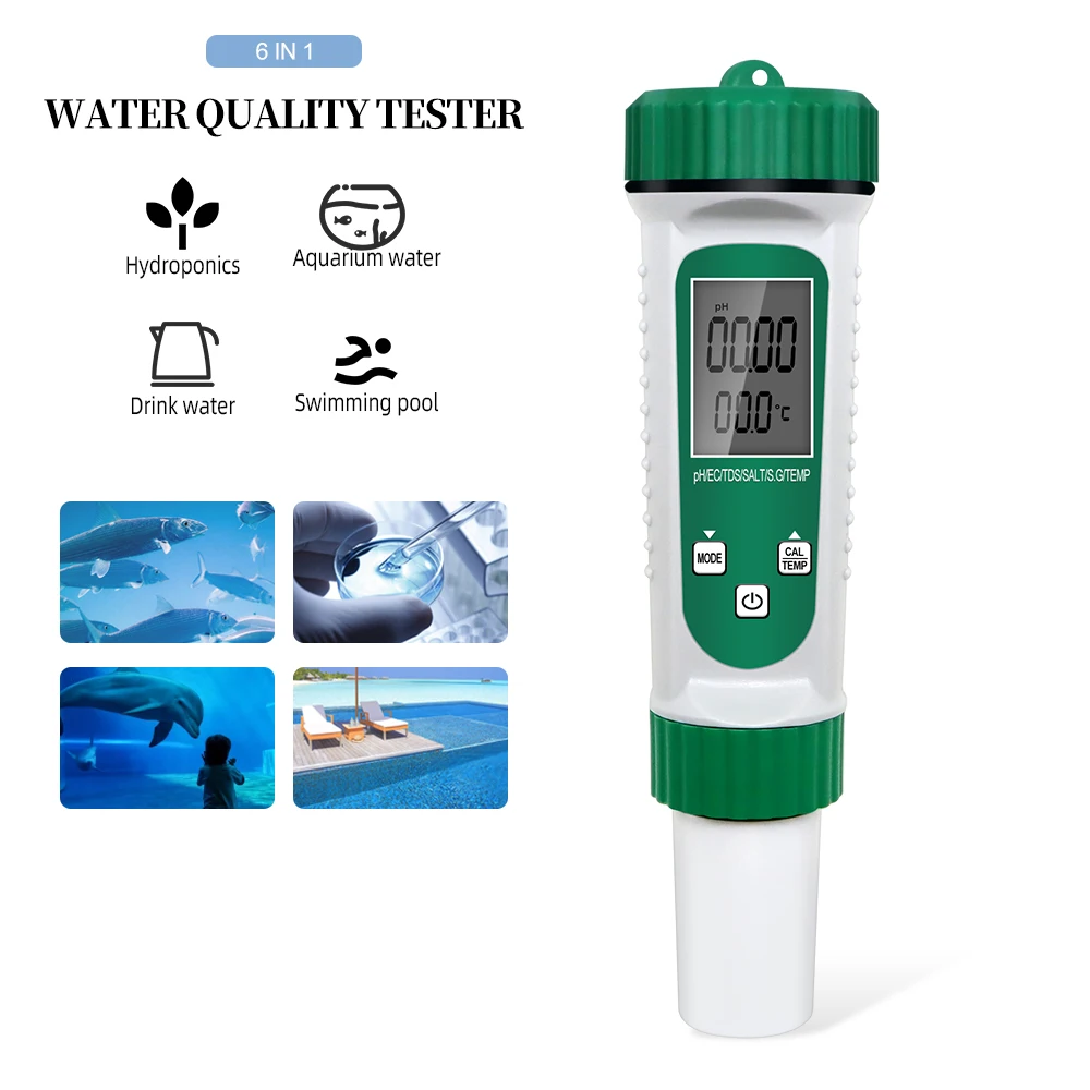 6 In 1 PH EC TDS Meter Salinity S.G Temp High Precision Probe Water Quality Testing Acidometer for Aquarium Drinking Laboratory