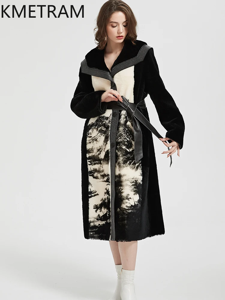 KMETRAM 100% Natural Sheepskin with Wool Atttached Fur Coat Long Warmth 2025 Winter Women Printed Jacket manteaux hiver femme