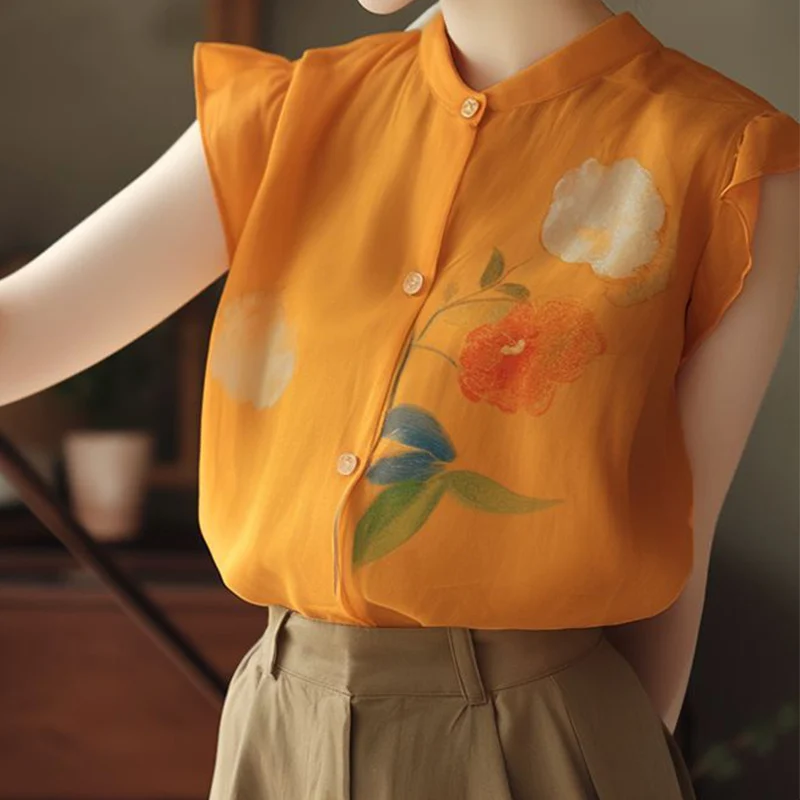 Tempérament d'été Prairie Chic boutons col roulé Blouse femme mode impression chemises 2025 nouvelle tendance florale mince haut t-shirt