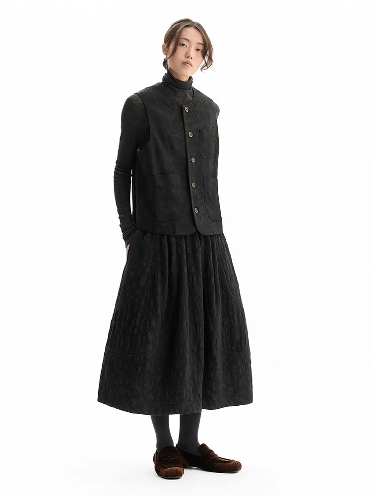 Versatile Umbrella Skirt~Autumn and Winter 100% Wool Jacquard Skirt for Women, Black Flower Bud Skirt