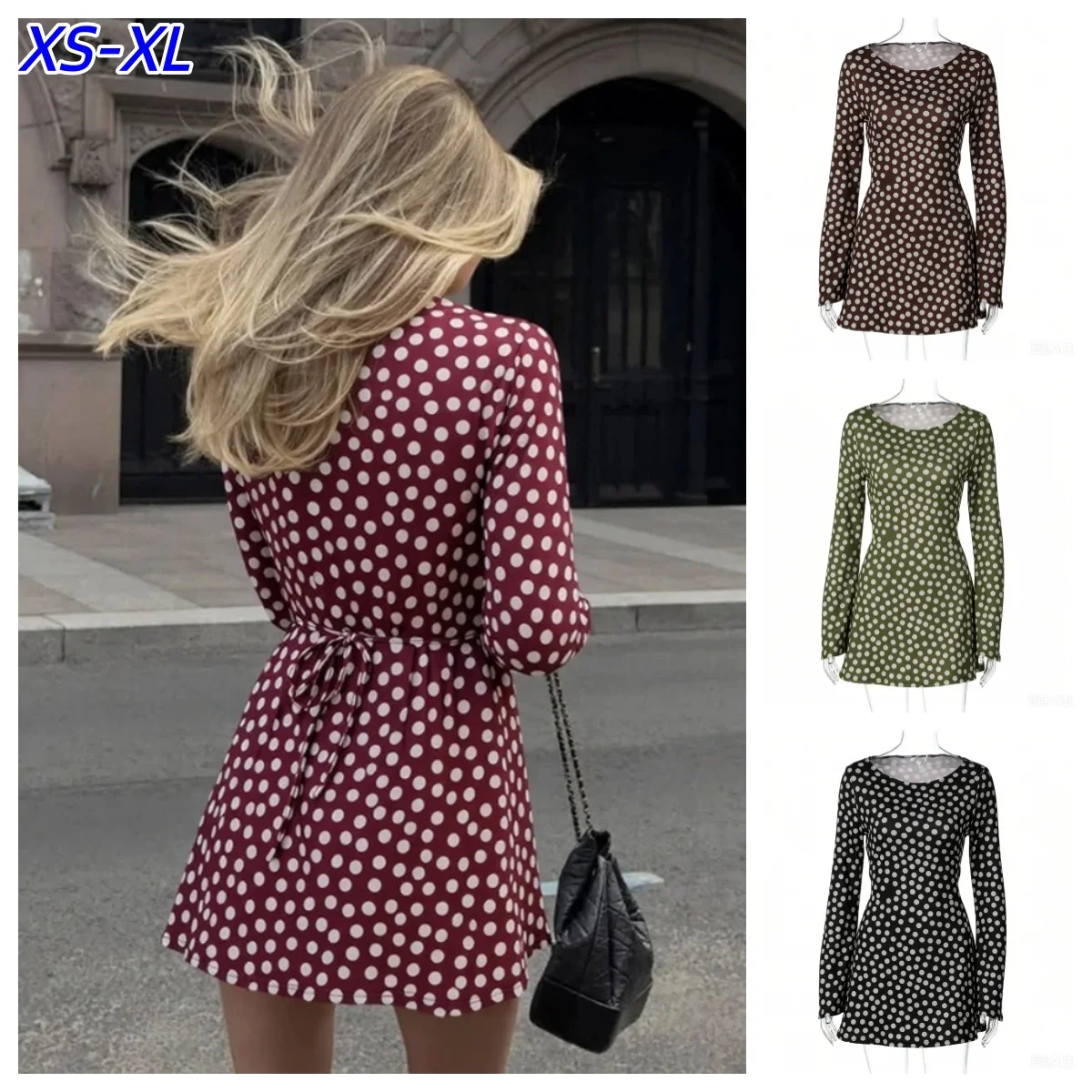 Y2K Hot Fashion Retro Mod Dot Mini Dress for Women Round Neck Slim Long Sleeves High-Waisted Contrast Patchwork Vintage Female