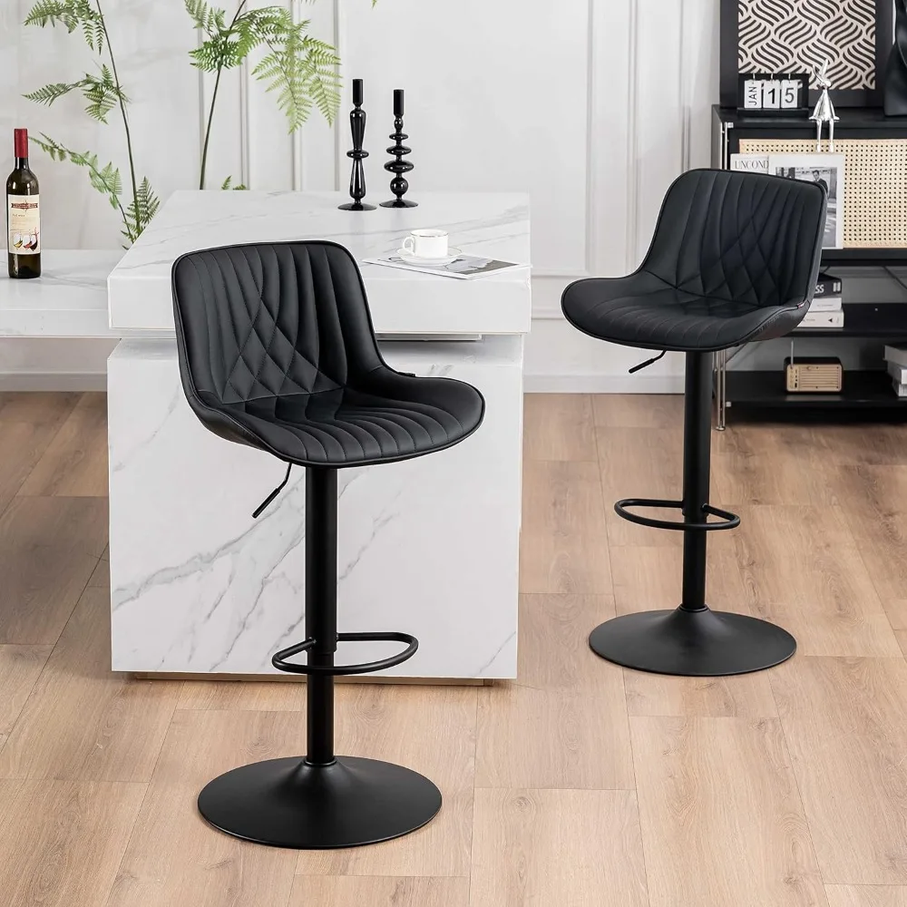 Black Bar Stools Set of 2 Adjustable Swivel Modern Barstools Luxury Upholstered Faux Leather Bar Stool Counter Height Metal