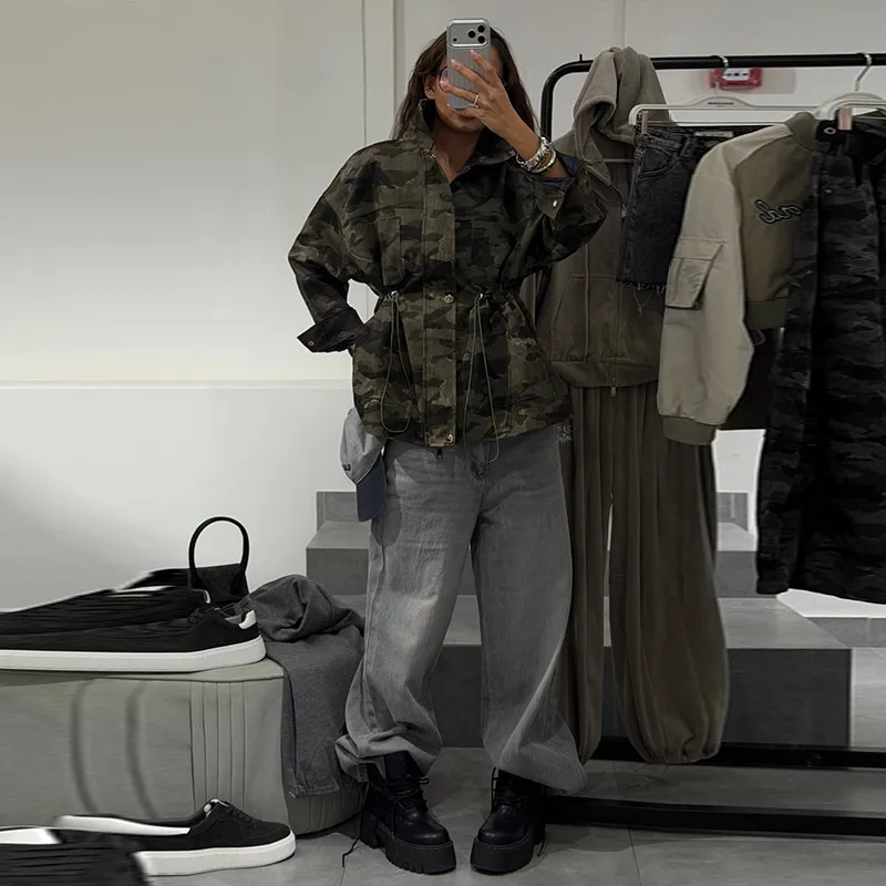 Women Camo Print Hooded Zipper Jacket Elastic Cuff Jacket Cropped Short Length Loose Puffer Winter Warm Winter Street Jackets